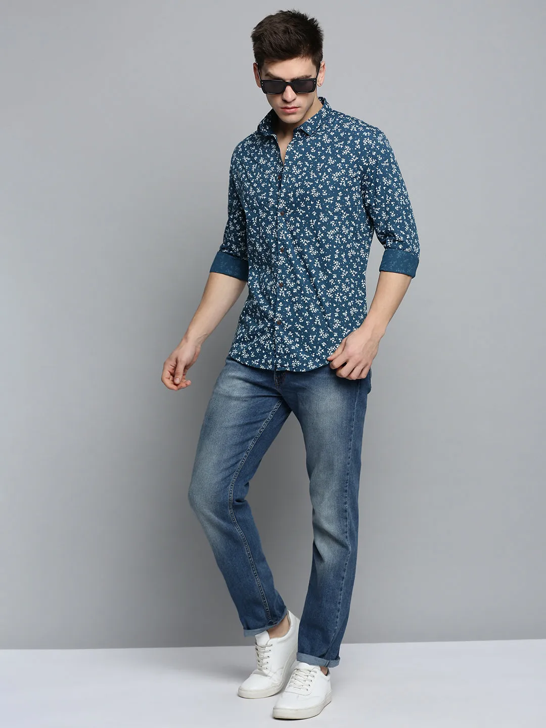Men Blue Printed Casual Shirt