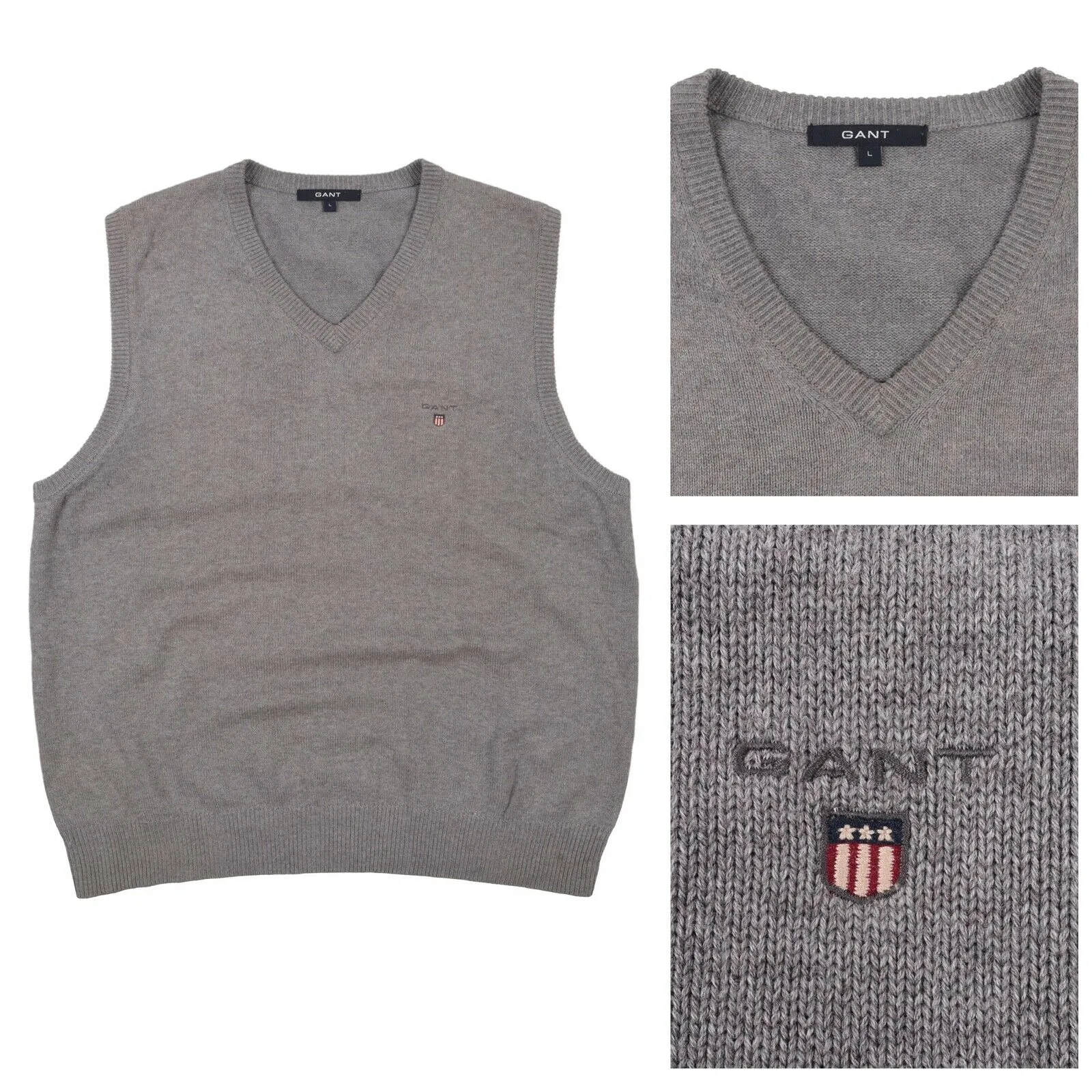 Men's GANT Grey Cotton V-Neck Jumper Vest Size L