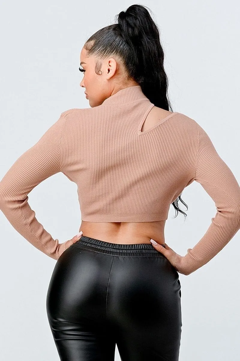 Nude White Long Sleeve Sweater Rib Cutout Mock Neck Crop Top_