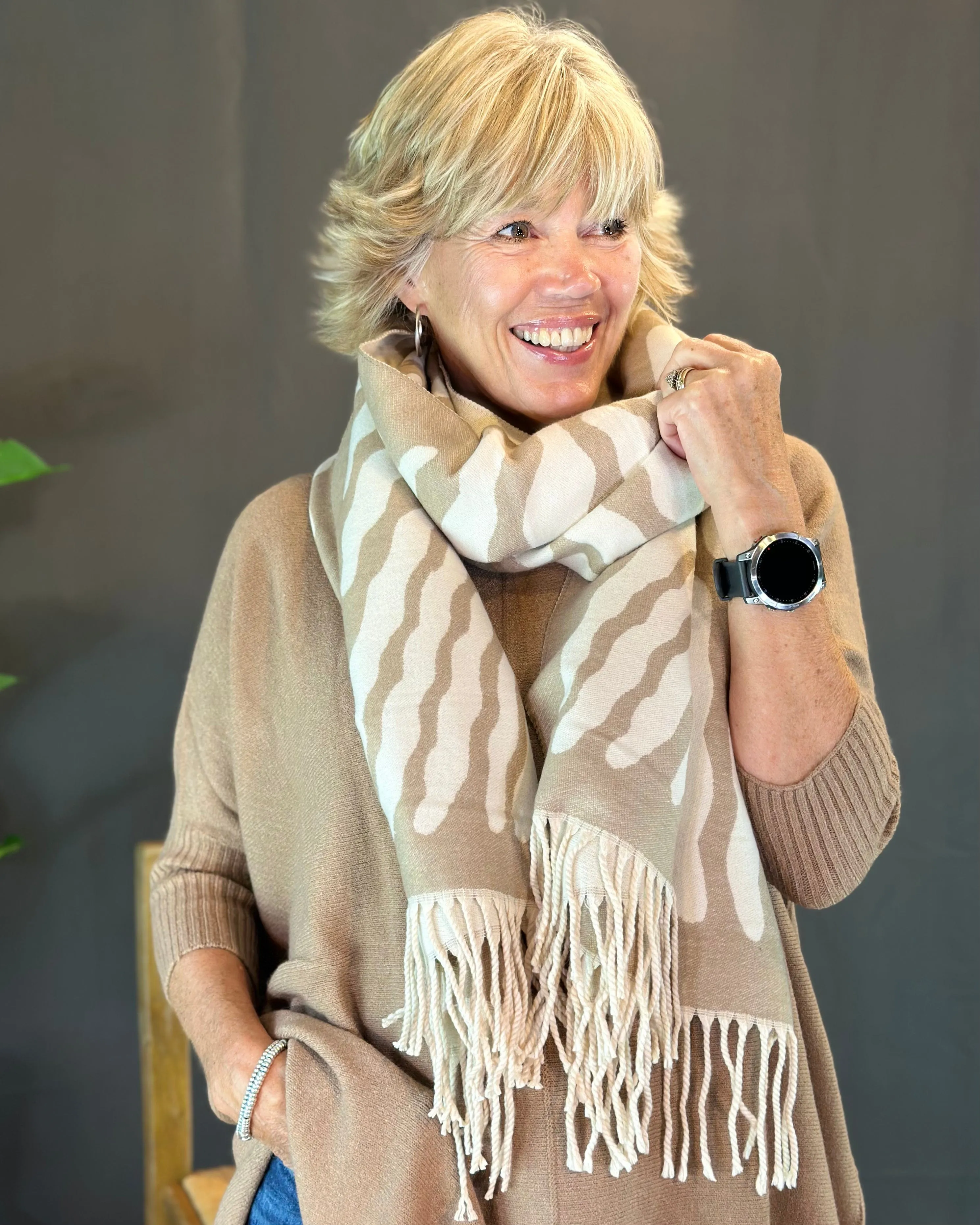Reversible Printed Winter Scarf - Cream/Mocha