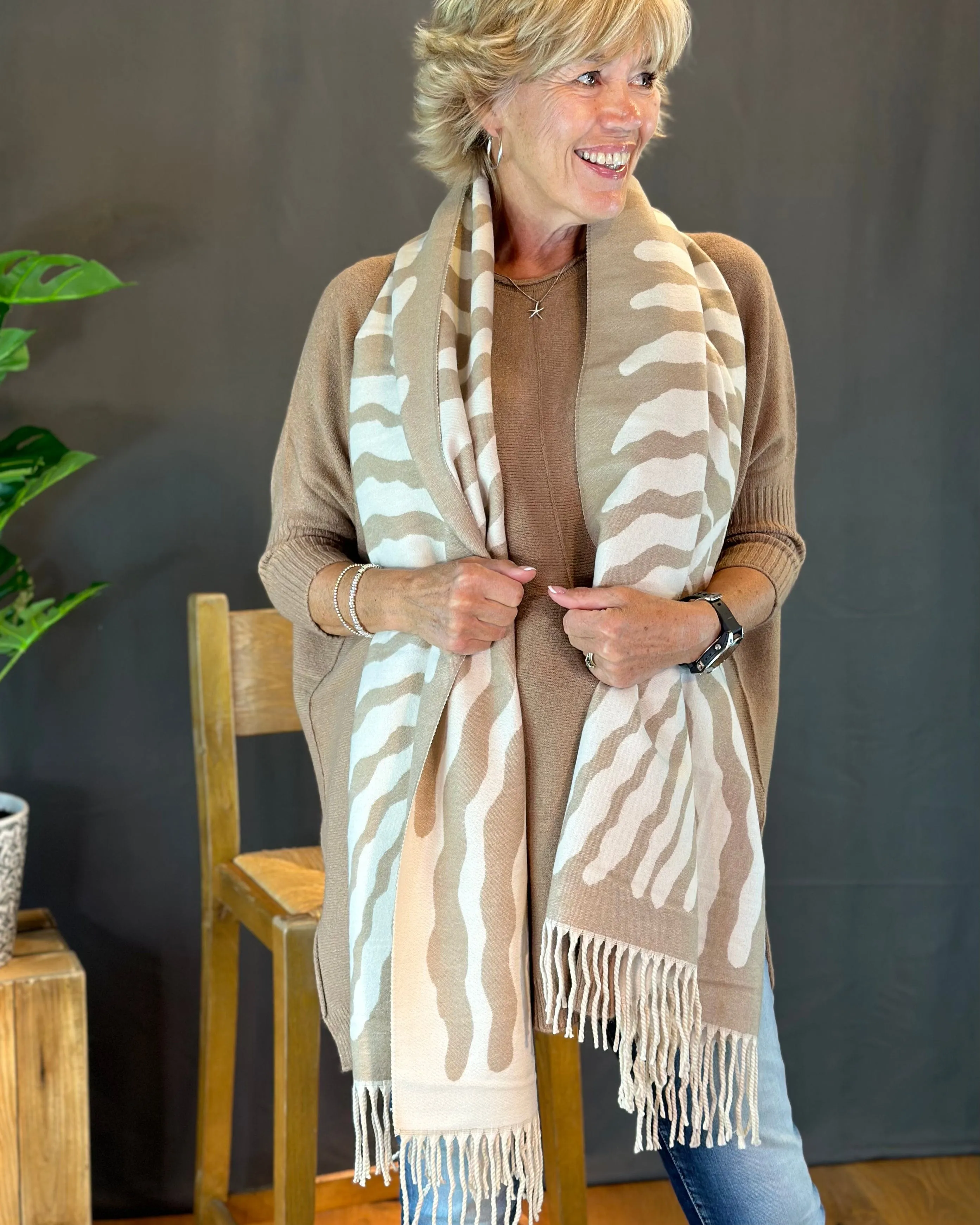 Reversible Printed Winter Scarf - Cream/Mocha