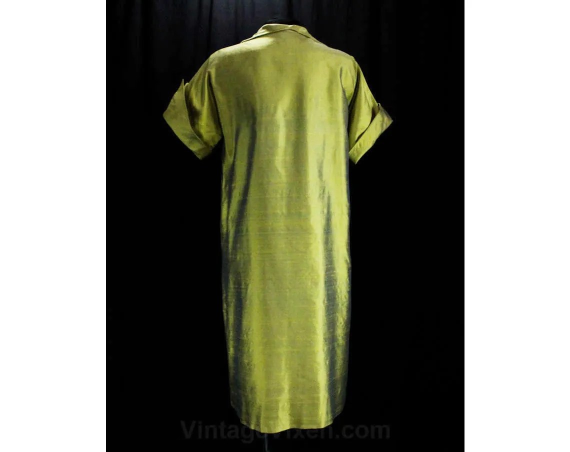 Size 14 Gold Coat - Stunning 1950s Metallic Silk Sharkskin A-Line Open Front Formal Wrap - New Look 50s Evening Overcoat - Bust 40
