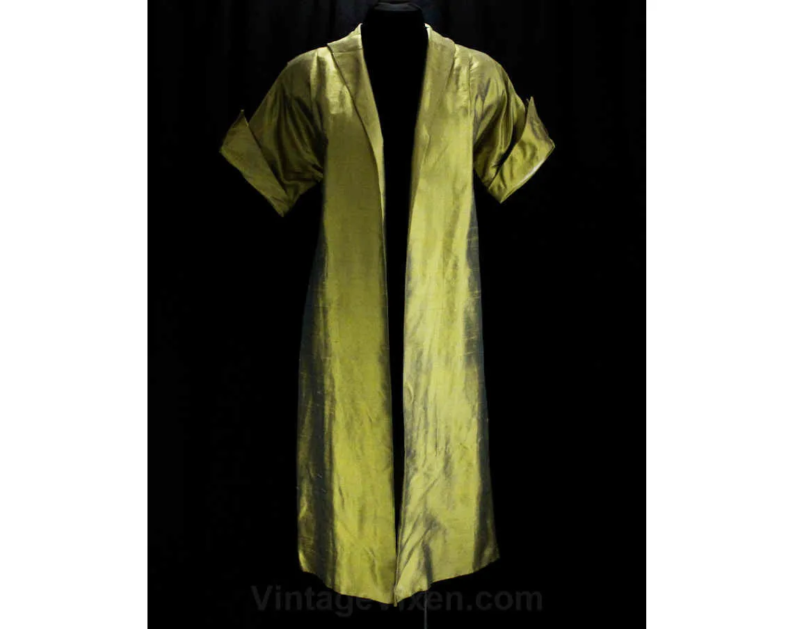 Size 14 Gold Coat - Stunning 1950s Metallic Silk Sharkskin A-Line Open Front Formal Wrap - New Look 50s Evening Overcoat - Bust 40