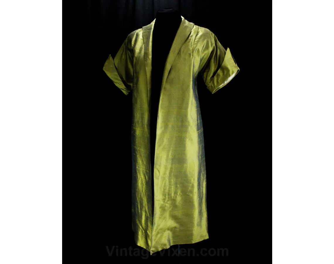 Size 14 Gold Coat - Stunning 1950s Metallic Silk Sharkskin A-Line Open Front Formal Wrap - New Look 50s Evening Overcoat - Bust 40