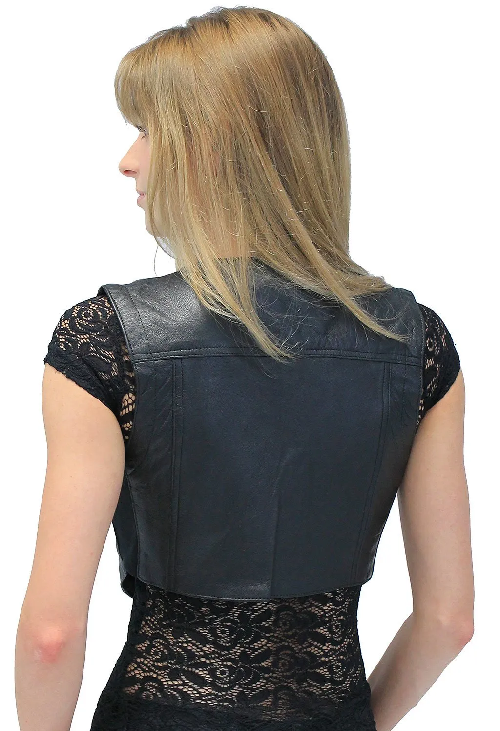 Snap-Up Jean Style Black Leather Crop Vest #VL1110CK ()