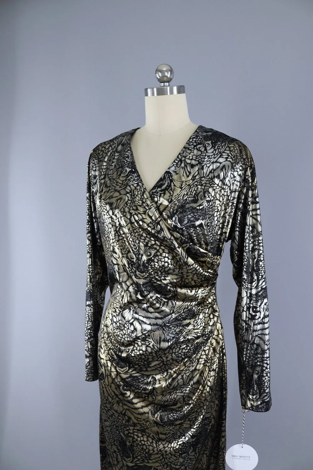 Vintage 1980s Disco Dress / Gold Silver Animal Print