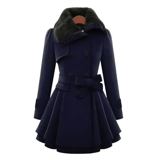 Woolen Coat Double Breasted Lapel Long Coat Female Thicken Autumn Winter Slim Belt Pleated Trench Coats Lady Fur Collar Peacoat