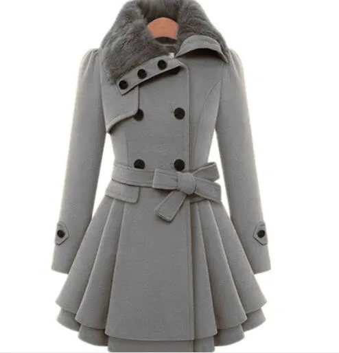 Woolen Coat Double Breasted Lapel Long Coat Female Thicken Autumn Winter Slim Belt Pleated Trench Coats Lady Fur Collar Peacoat