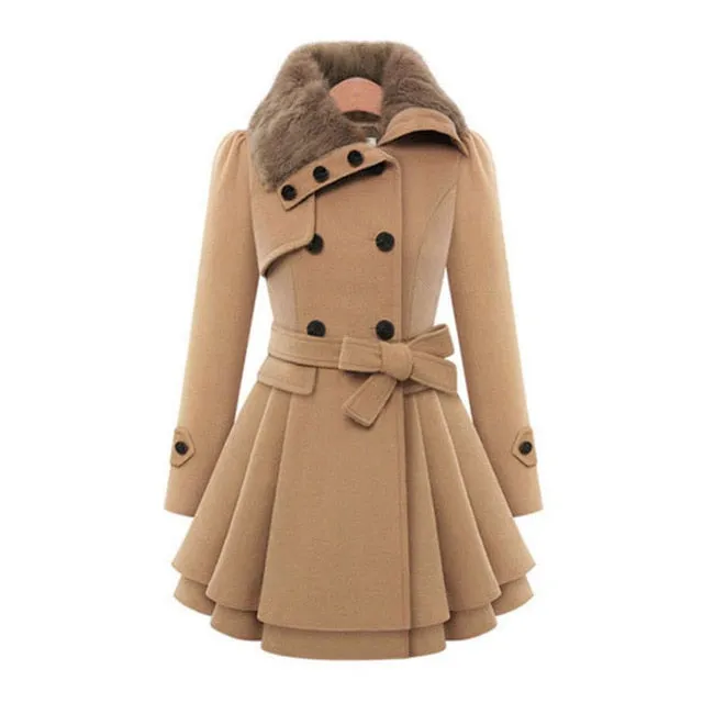 Woolen Coat Double Breasted Lapel Long Coat Female Thicken Autumn Winter Slim Belt Pleated Trench Coats Lady Fur Collar Peacoat